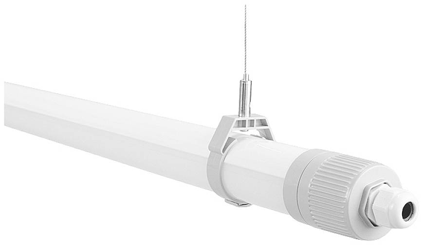 Un luminaire LED cylindrique suspendu avec un boîtier blanc et un élément de suspension argenté. Idéal pour une installation au plafond dans les bureaux.