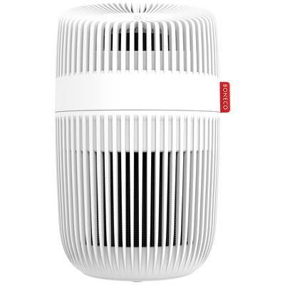 Purificateur d'air blanc avec des fentes de ventilation verticales et un filtre noir à l'intérieur, nom de marque sur le côté.
