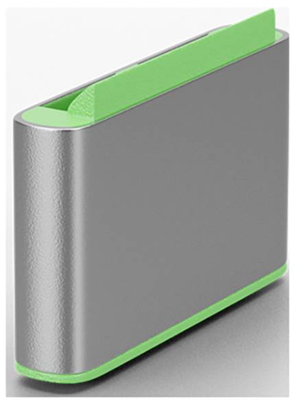 Rendu 3D d'un appareil ou d'un boîtier rectangulaire gris avec des accents vert vif sur le dessus, le dessous et les bords sur un fond blanc.