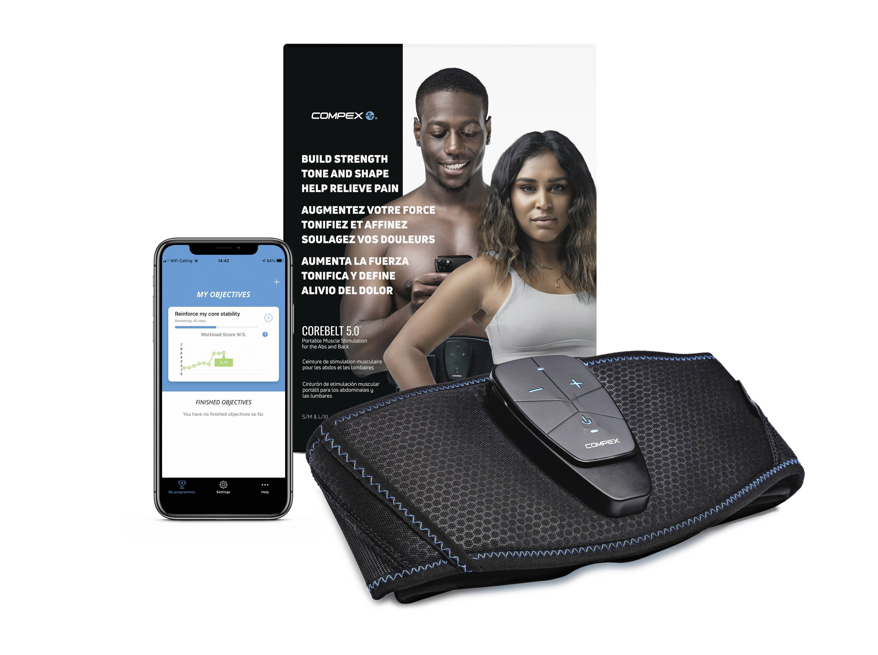 Un appareil EMS avec une commande est posé devant un emballage montrant une photo de deux personnes sportives. À côté, un smartphone avec une application est visible.