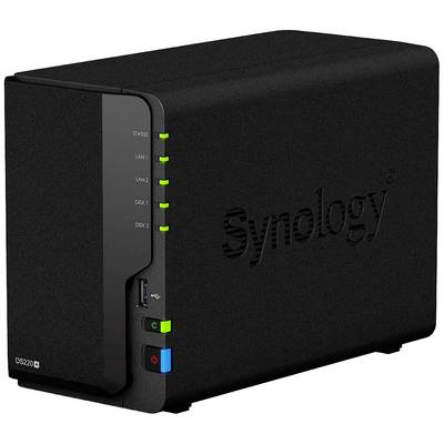 Un serveur NAS Synology noir avec des voyants d'état verts et plusieurs ports sur le devant.