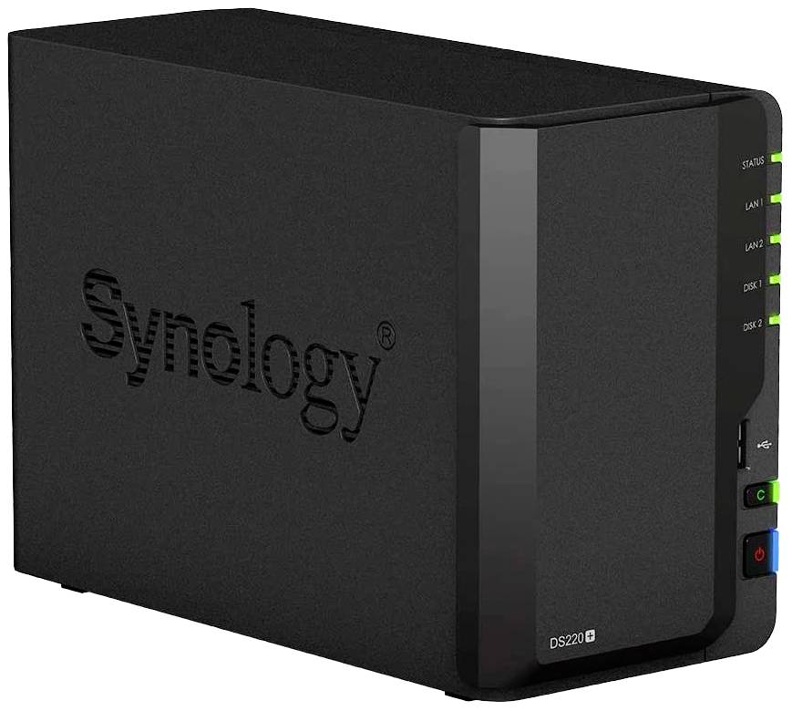 Périphérique de stockage réseau Synology DS220+ noir, vue de face avec des voyants d'état lumineux et le logo Synology.