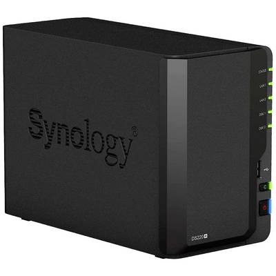 Périphérique de stockage réseau Synology DS220+ noir, vue de face avec des voyants d'état lumineux et le logo Synology.