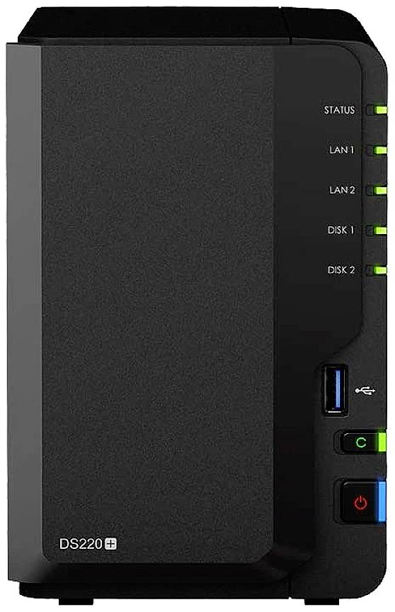 Un périphérique NAS noir avec des voyants d'état pour LAN 1, LAN 2, Disque 1 et Disque 2 sur la façade avant. Nom de la marque en bas à gauche.