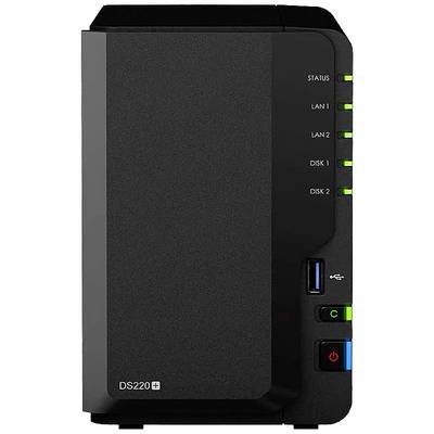 Un périphérique NAS noir avec des voyants d'état pour LAN 1, LAN 2, Disque 1 et Disque 2 sur la façade avant. Nom de la marque en bas à gauche.