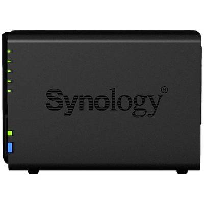 Un boîtier NAS Synology noir avec le logo de la marque, plusieurs voyants de statut s'illuminent sur la gauche.