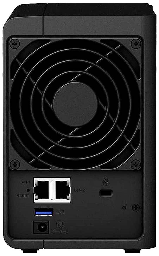Le dos d'un appareil avec un grand ventilateur, deux ports LAN, un port USB et une prise d'alimentation secteur.