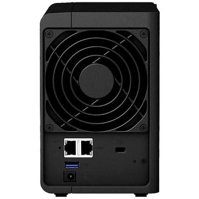 Le dos d'un appareil avec un grand ventilateur, deux ports LAN, un port USB et une prise d'alimentation secteur.