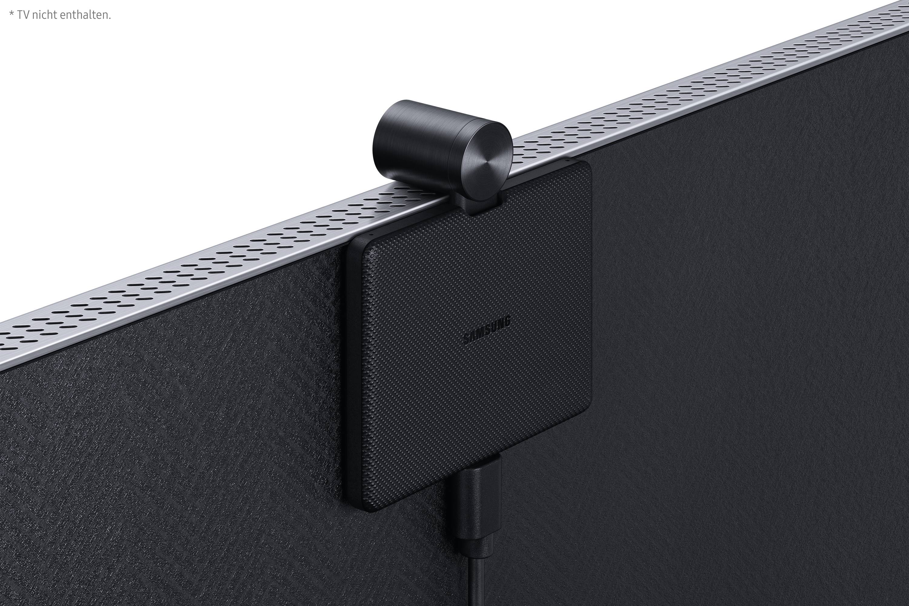 Un dispositif électronique noir et rectangulaire est fixé à l'arrière d'un moniteur. Il est étiqueté 'SAMSUNG'.