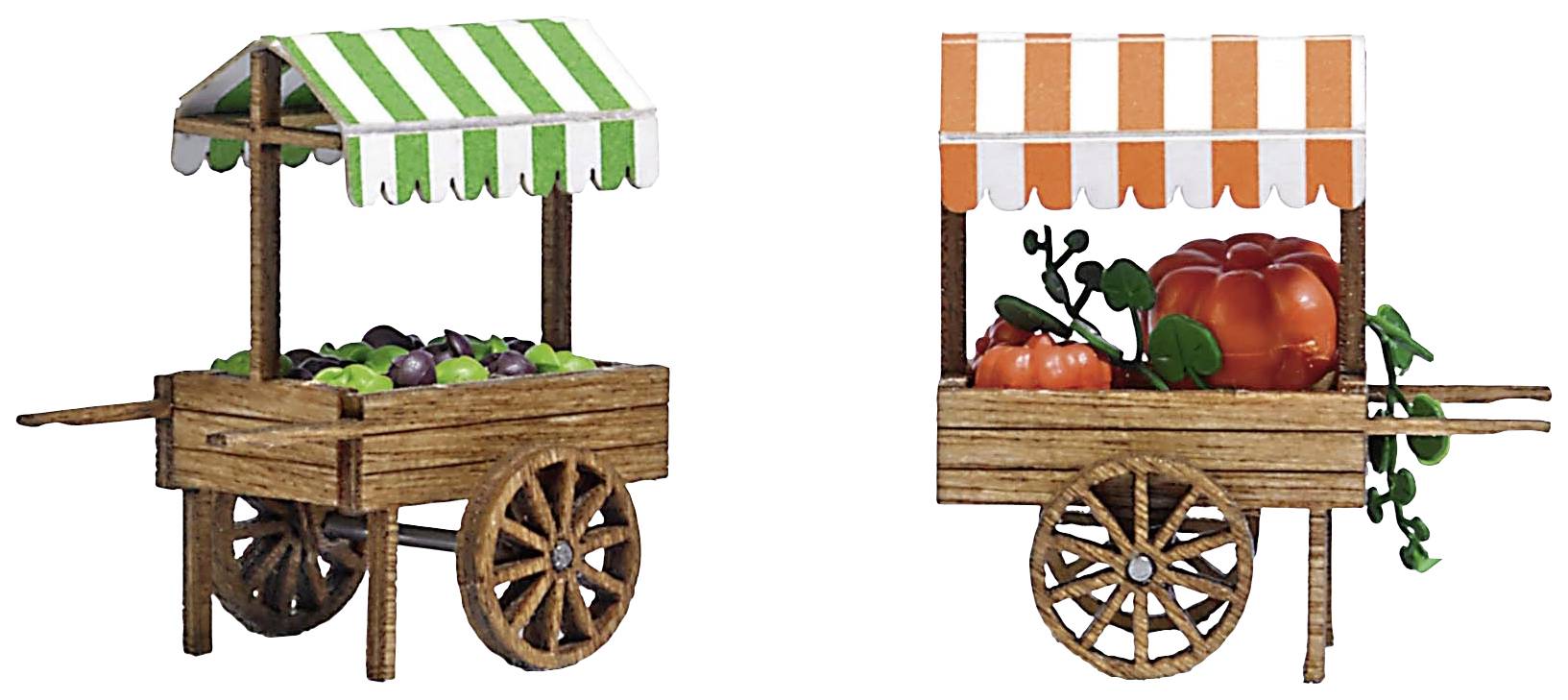 Deux étals en bois : à gauche, un stand avec des fruits verts et violets sous un auvent vert et blanc, à droite, un stand avec des tomates sous un auvent orange et blanc.