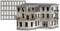 Un bâtiment modèle délabré de trois étages, avec des fenêtres et des balcons brisés, à côté d'une grille présentant des ouvertures rectangulaires.