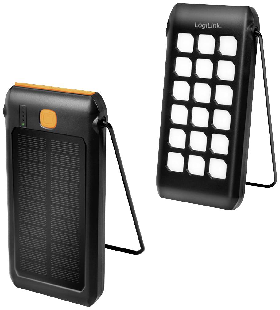 Deux chargeurs solaires portables noirs avec des panneaux LED intégrés. L'un montre le panneau solaire et l'indicateur de charge, l'autre la face LED.