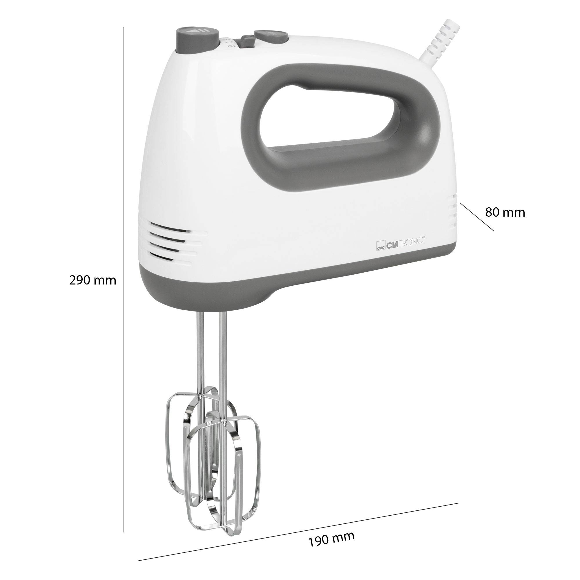Batteur électrique en blanc avec poignée grise, deux fouets et un câble. Dimensions : 290 mm de hauteur, 80 mm de largeur, 190 mm de longueur.