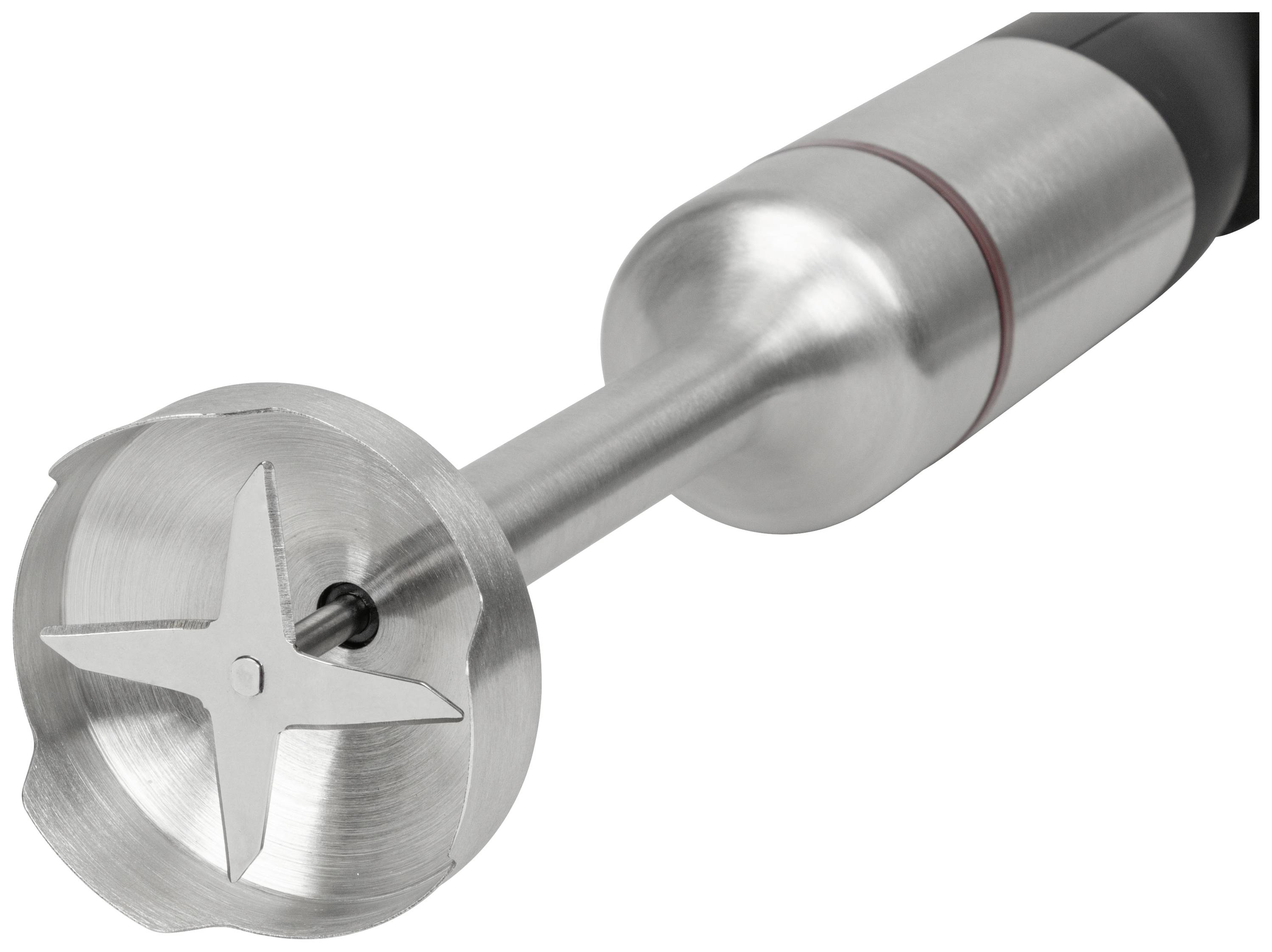 Mixeur plongeant en acier inoxydable avec lame de coupe à quatre ailes, adapté pour purée et mixage d'aliments en cuisine.