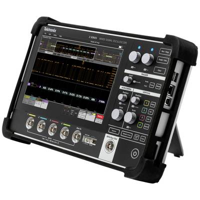 Oscilloscope numérique portable avec écran couleur affichant un diagramme de signal. Boutons rotatifs et connexions visibles pour le contrôle.