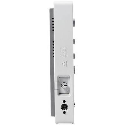 Vue latérale d'un appareil électronique blanc avec des connexions et des commandes, probablement un périphérique audio ou un amplificateur.