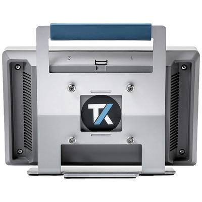 Un support métallique avec un logo 'TK' noir et bleu au centre, fixé par quatre vis, visible de l'arrière.