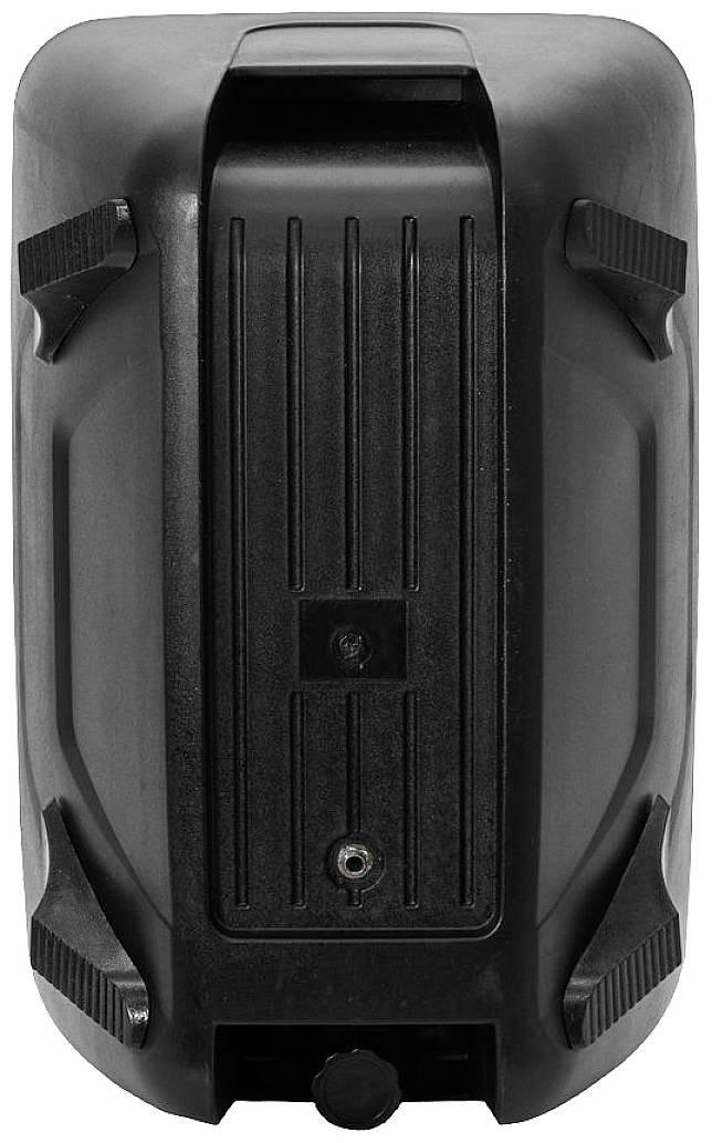 Enceinte portable rectangulaire noire avec des poignées robustes sur les côtés. Le devant dispose d'un panneau de commande central.