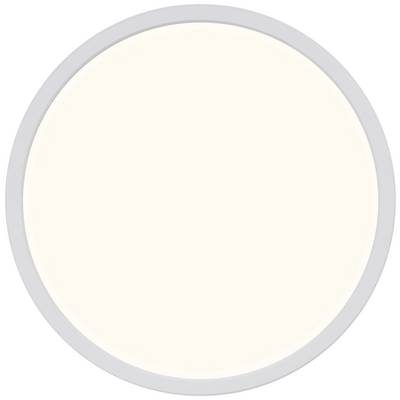 Panneau LED rond et plat avec un cadre blanc, diffusant une lumière douce et chalereuse. Adapté à l'éclairage intérieur dans les espaces de vie ou de travail.