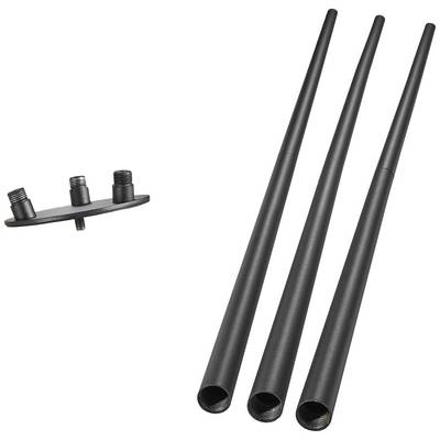 Trois antennes noires et une plaque de fixation avec trois connexions filetées, probablement destinées à être montées sur un émetteur-récepteur radio.