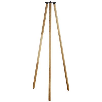 Un support en bois à trois pieds, probablement un pied de lampe, composé de poutres lisses et allongées en bois, avec un support noir sur le dessus.