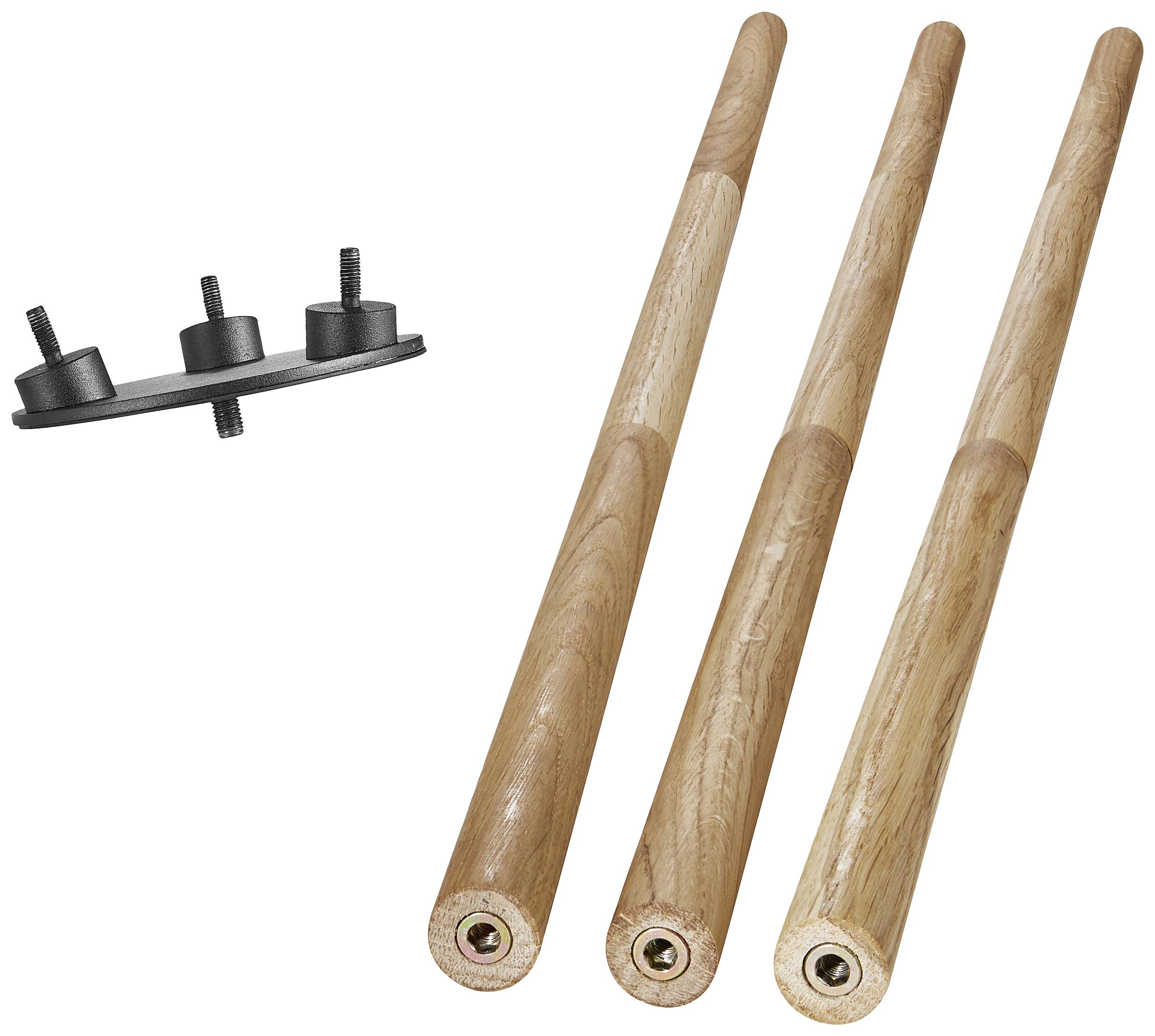 Trois bâtons en bois et un support métallique noir avec des vis.