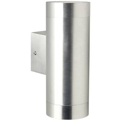 Applique murale cylindrique argentée avec un design simple et moderne, fixée sur un support mural anguleux.
