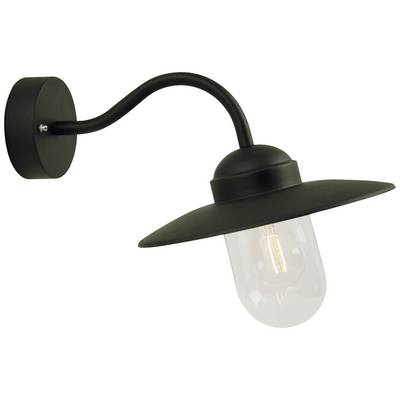 Applique murale vintage noire de style industriel avec bras courbé et ampoule sous un abat-jour en verre transparent, montée sur une base ronde.