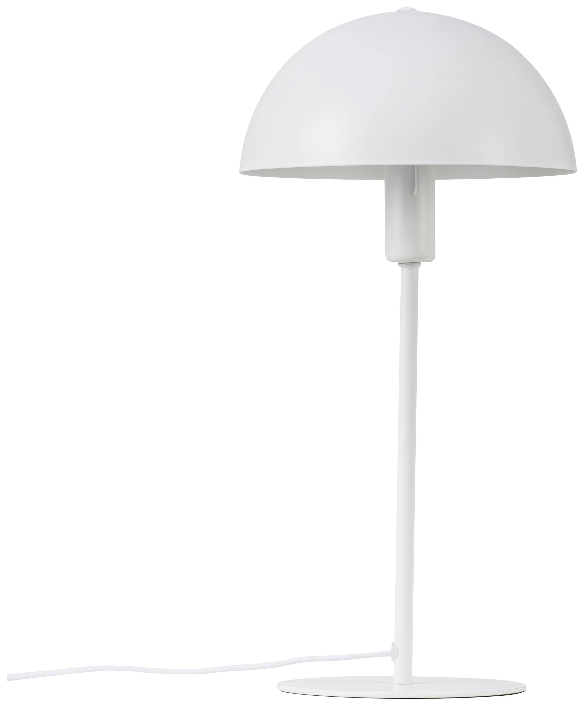 Lampe de table blanche avec un abat-jour rond en demi-sphère et une base fine et droite. Repose sur un socle plat et circulaire.