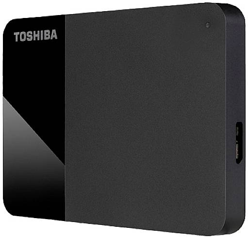Disque dur externe Toshiba dans un boîtier noir, vue de face avec port USB sur le côté droit.