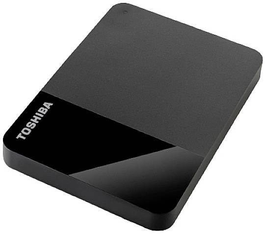 Disque dur externe Toshiba au design noir et élégant.