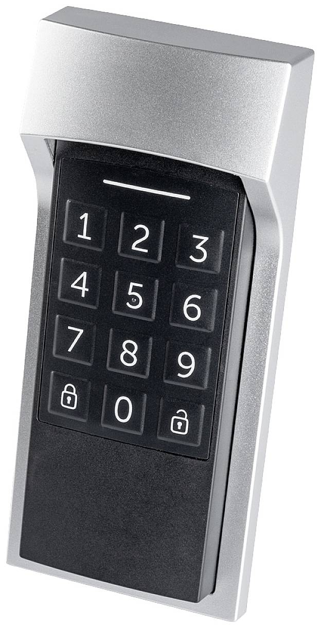 Terminal d'accès électronique avec pavé numérique de 0 à 9 et symboles verrouillé et déverrouillé.