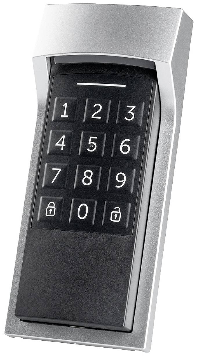 Un dispositif d'accès électronique avec un clavier numérique de 0 à 9 et des symboles pour ouvert et fermé.