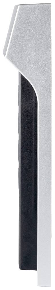 Vue latérale d'une poignée de porte moderne en argent avec un insert noir, utilisée pour la fixation ou la sécurisation des portes.