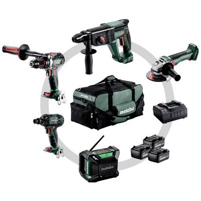 Kit d'outils électriques sans fil Metabo comprenant perceuse, visseuse à choc, meuleuse d'angle, perforateur rotatif, chargeur, batteries et sac de transport.
