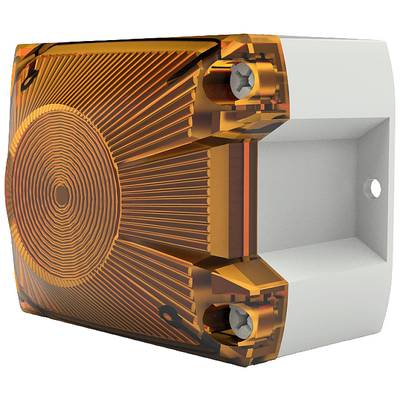 Un boîtier orange de forme angulaire avec un couvercle avant circulaire et strié, fixé par des vis.