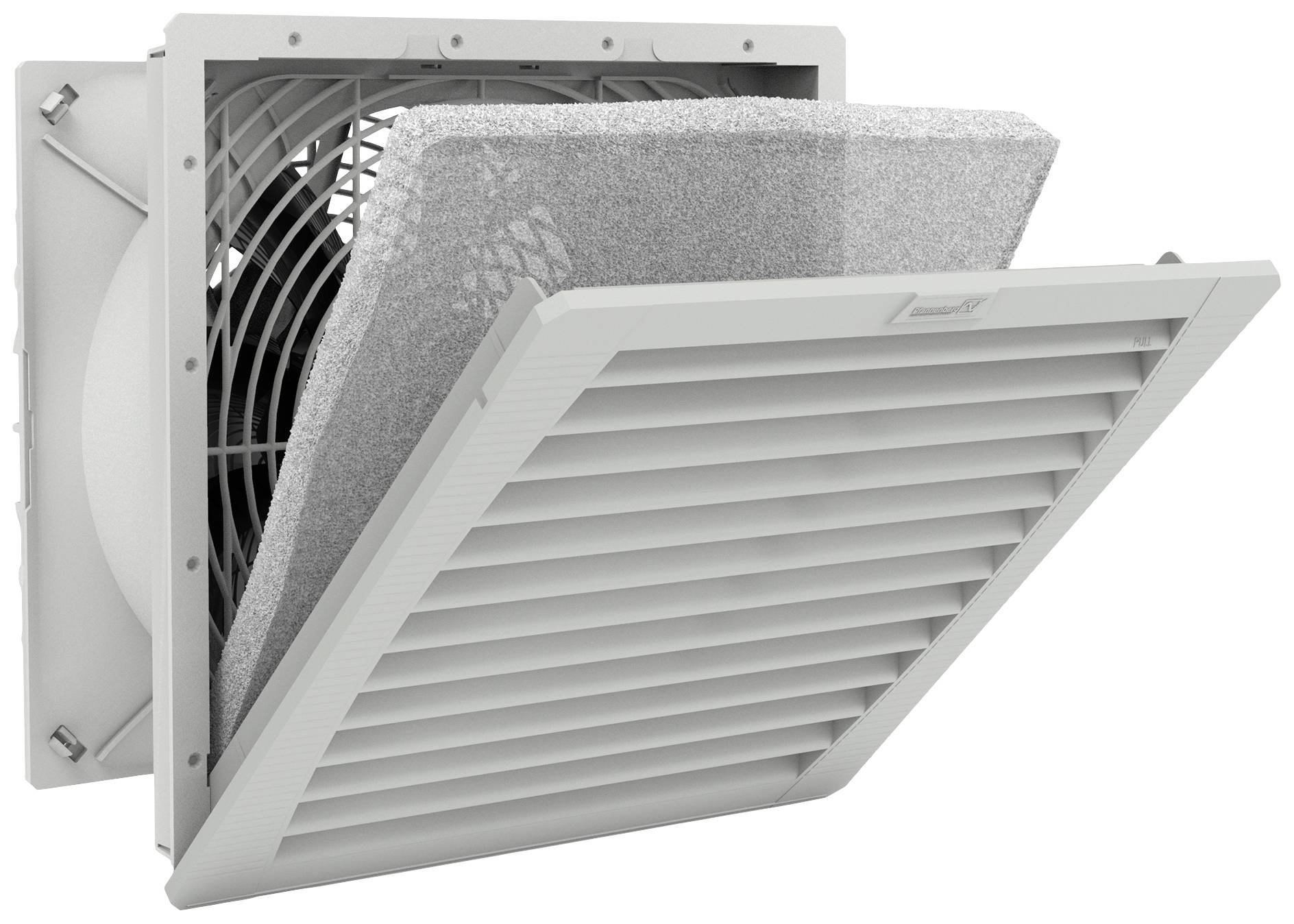 'Ventilateur carré gris avec filtre amovible et couvercle à lamelles, conçu pour la ventilation et le refroidissement des appareils.'