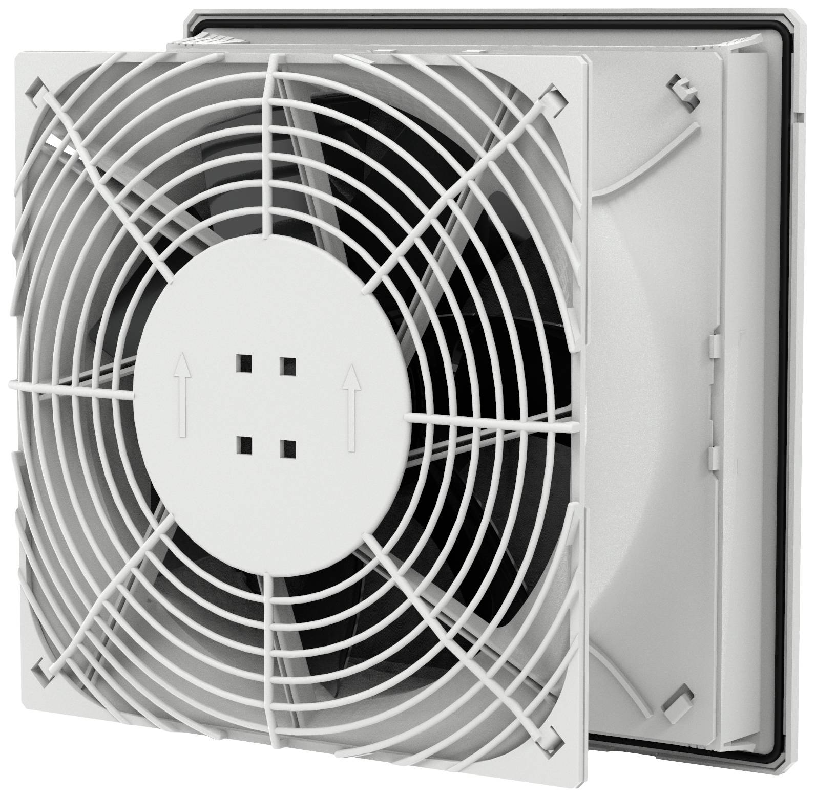 Ventilateur dans un boîtier carré avec grille de protection, destiné à la ventilation de locaux ou d'équipements.