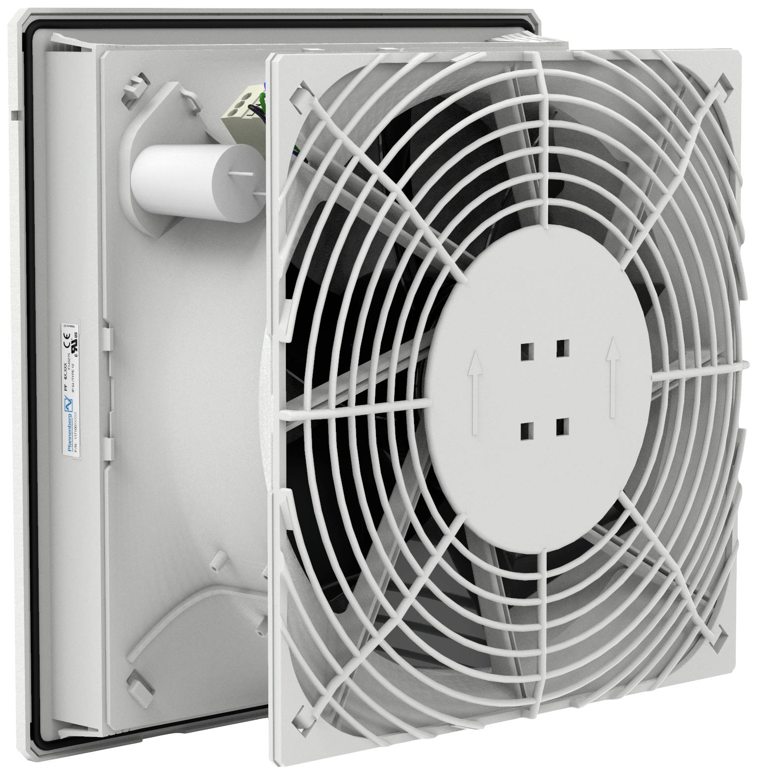 Un ventilateur carré avec grille de protection, monté sur un cadre et avec le moteur électrique visible. Adapté pour la ventilation industrielle.