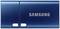 Une clé USB Samsung bleue avec un logo d'entreprise argenté.