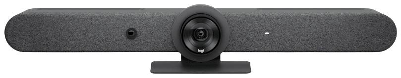 Une webcam noire avec un boîtier large et une caméra centrale sur un socle, adaptée aux vidéoconférences.
