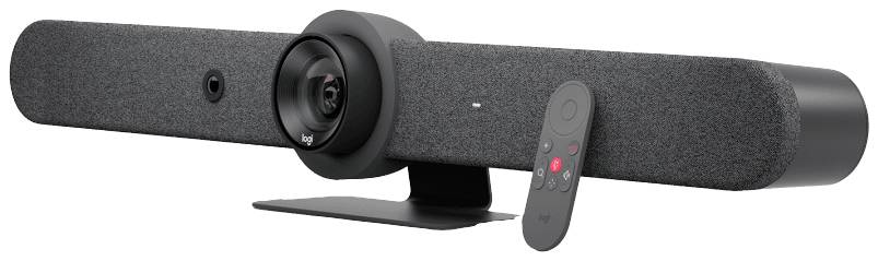 Une webcam noire au design rectangulaire avec un objectif et un petit capteur de contrôle. Une télécommande est posée à côté.