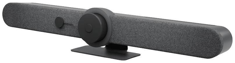 Une barre de son rectangulaire noire avec revêtement en tissu et une molette de volume centrale, fixée sur un support stable.