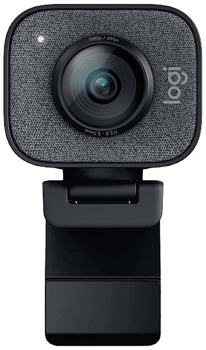 Une webcam rectangulaire grise avec un objectif au centre, fixée sur un support ajustable.