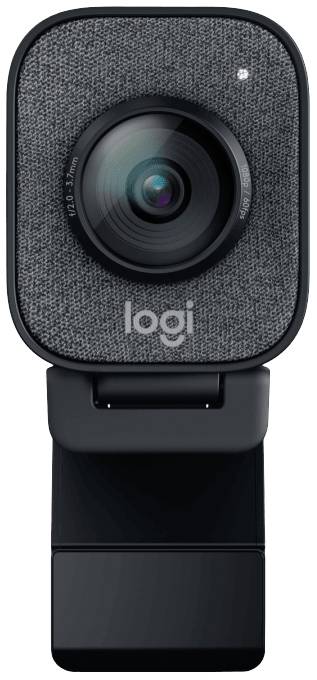 Webcam avec surface textile grise et objectif rond au centre, montée sur un support flexible.