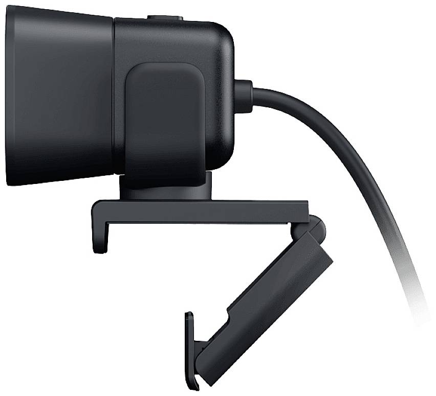 Une webcam noire cylindrique avec un câble, montée latéralement sur un support ajustable pour fixation sur moniteur.