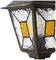 Lampe d'extérieur en métal avec des insertions de verre décoratives en orange et transparent. Design classique, adaptée aux vérandas ou aux jardins.