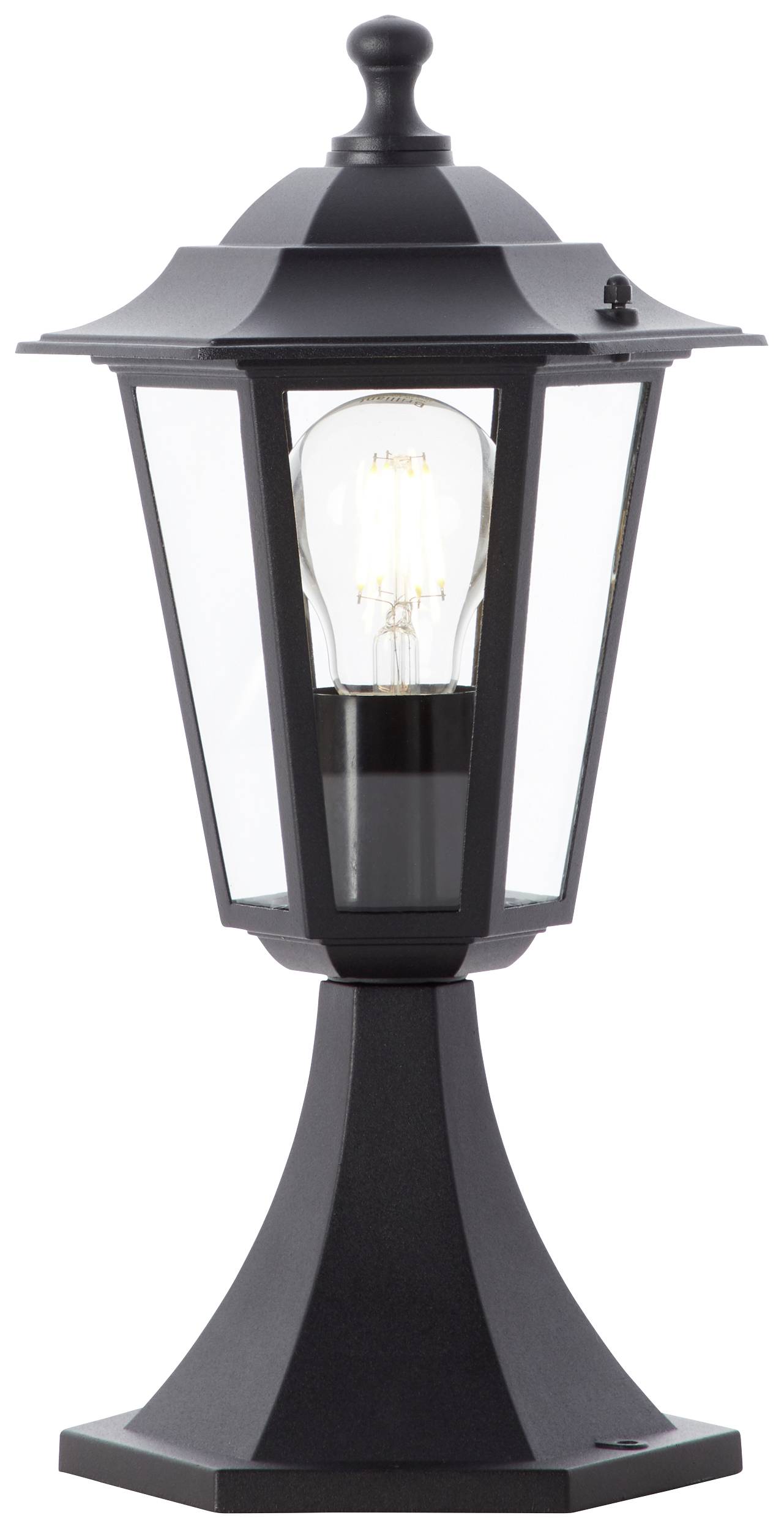 Une lanterne classique noire avec un design d'ampoule visible au centre, adaptée à l'éclairage extérieur.