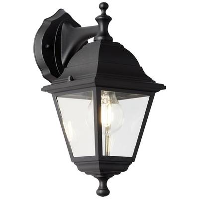 Lanterne murale extérieure noire avec des vitres transparentes qui diffuse une lumière chaude et accueillante. Design classique.