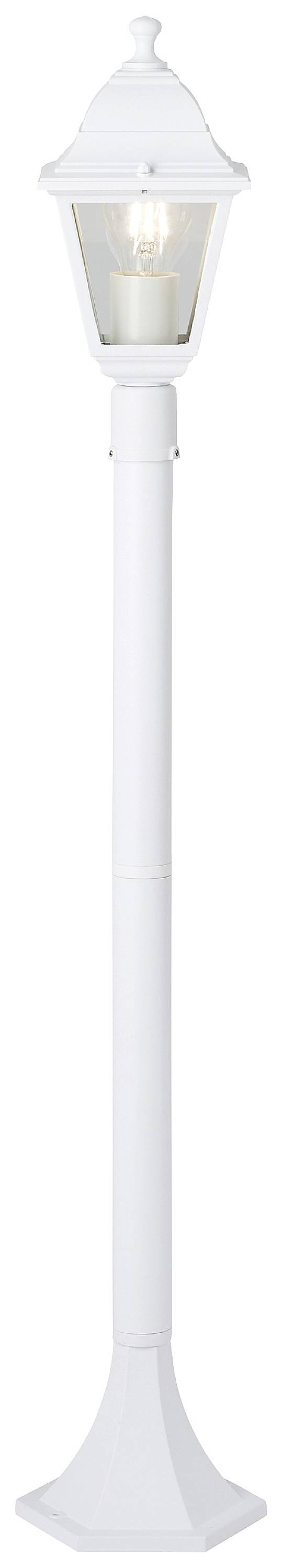Lampadaire blanc classique avec abat-jour en verre transparent, monté sur un socle plat, sans autre décoration.